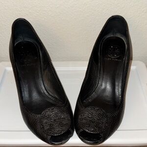 Tory Burch Black Leather Peep-Toe Heels